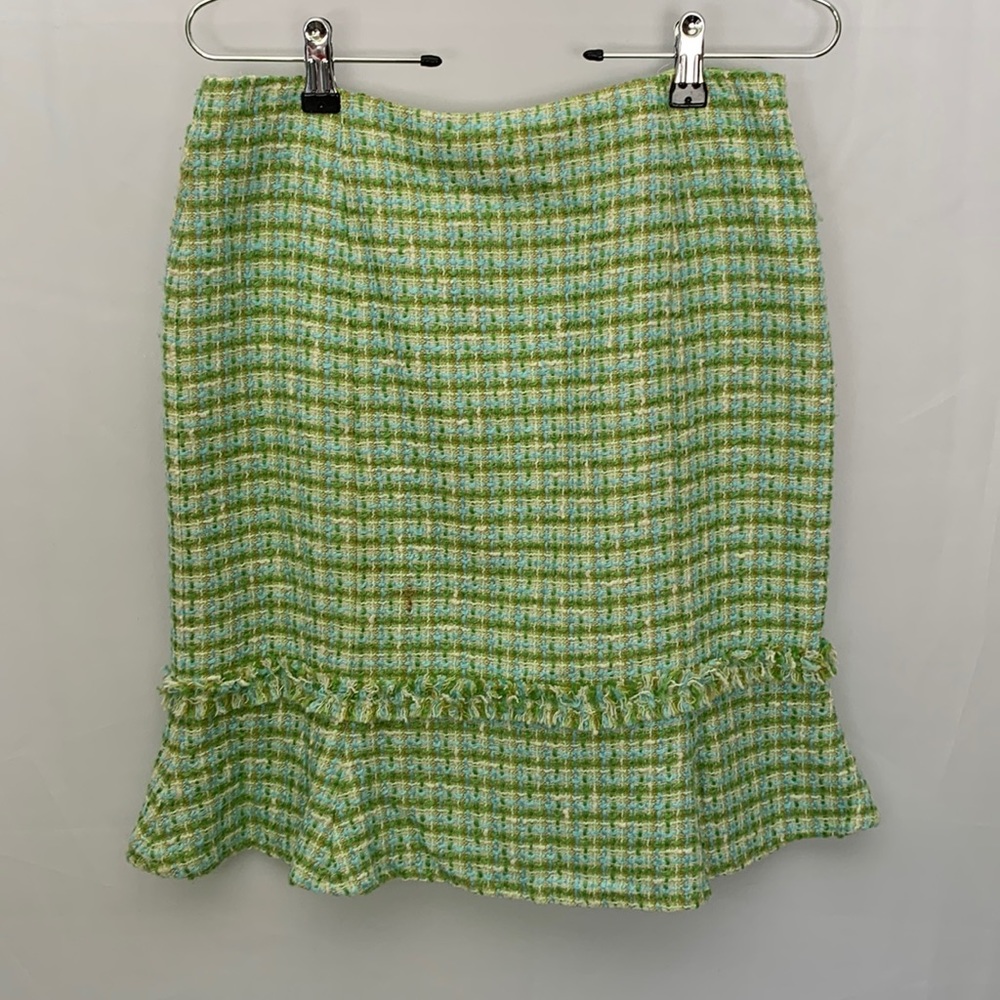 Worth Plaid Tweed Lime Green and Baby Blue Ruffle Mini Skirt Clueless Size 4 - Picture 1 of 10